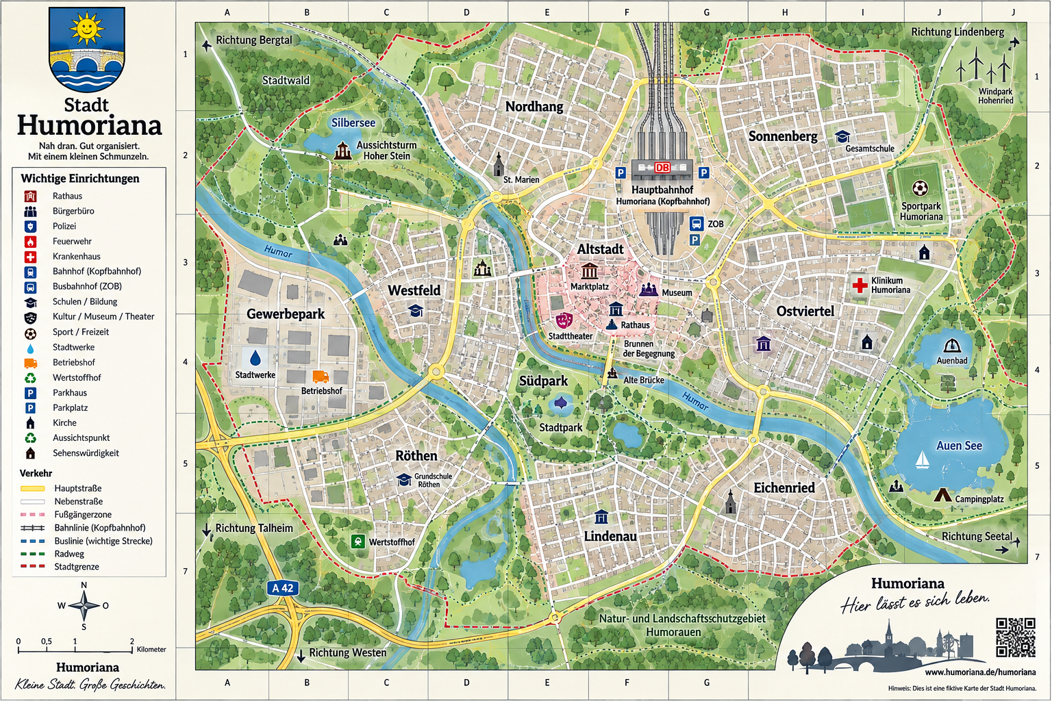 Offizielle Stadtkarte der Stadt Humoriana mit den zehn Stadtteilen, Hauptbahnhof als Kopfbahnhof, ZOB, Rathaus, Klinikum, Auenbad, Auen See und weiteren wichtigen Einrichtungen.